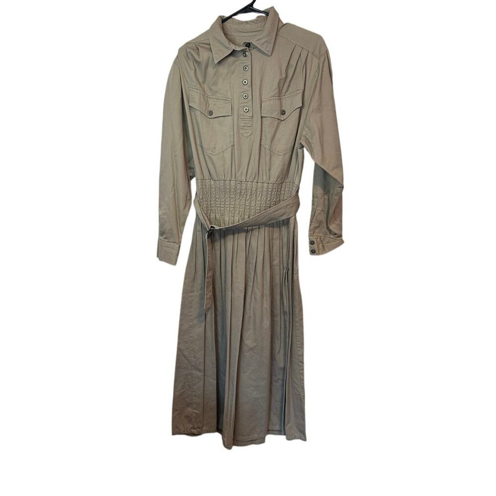 Vintage 80s Alain Toussaint Long Sleeve‎ Belted Shirt Dress Size 16W Khaki